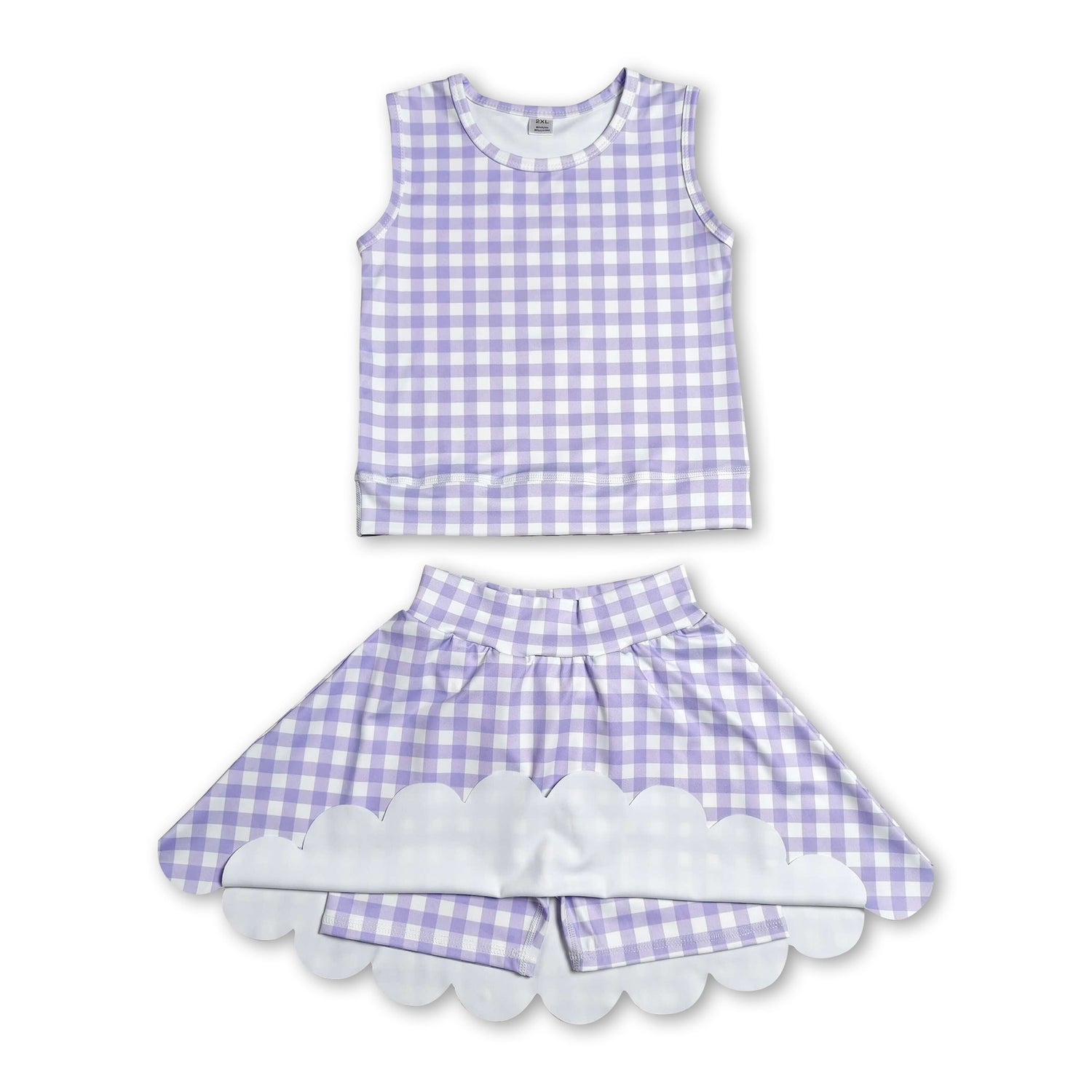 Sleeveless lavender plaid top scallop skirt girls active set
