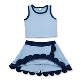 Mini Rodeo girl sleeveless blue scallop summer active wear set with short sleeves top and skirt, perfect for warm weather.