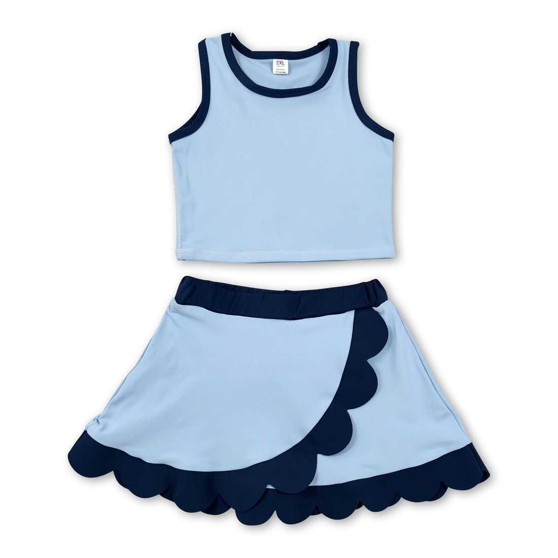 Blue sleeveless girl’s summer active wear set with scalloped skirt and short sleeves by Mini Rodeo, perfect for warm weather.
