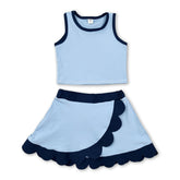 Blue sleeveless girl’s summer active wear set with scalloped skirt and short sleeves by Mini Rodeo, perfect for warm weather.
