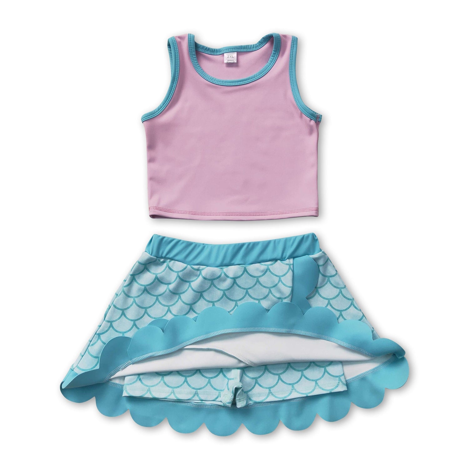 Sleeveless scallop mermaid scale girls active wear set