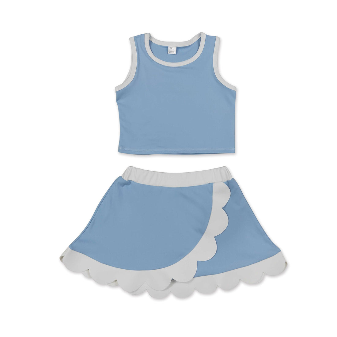Light blue scallop princess girls summer active wear set with short sleeves top and skirt by Mini Rodeo, perfect for warm weather.