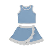 Light blue scallop princess girls summer active wear set with short sleeves top and skirt by Mini Rodeo, perfect for warm weather.
