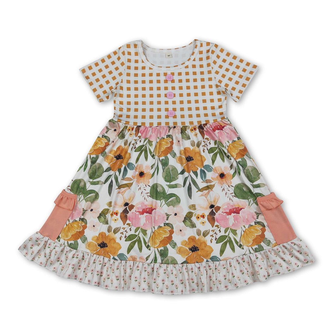 Kids girls summer dress by Mini Rodeo featuring plaid short sleeves, a front pocket, and ruffle details.