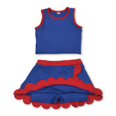 Blue and red scallop top and skirt set for girls, summer active wear by Mini Rodeo, includes short-sleeve top and matching skirt.