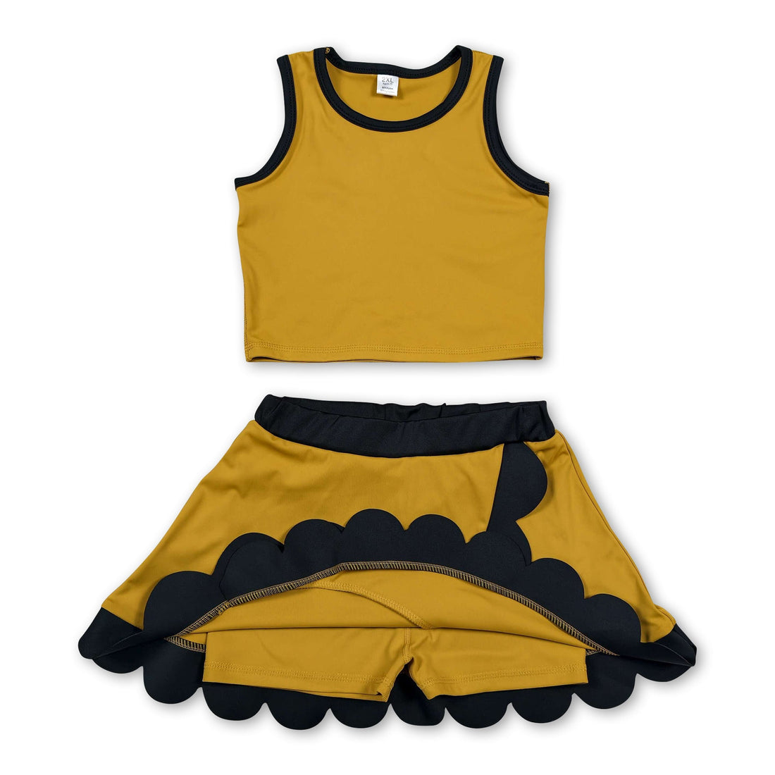Black scallop girl summer active wear set by Mini Rodeo featuring a short sleeves top and skirt for girls.