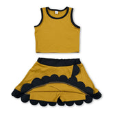 Black scallop girl summer active wear set by Mini Rodeo featuring a short sleeves top and skirt for girls.