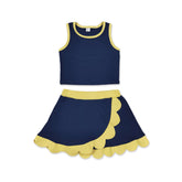 Navy scallop-edged sleeveless girls’ summer active wear set with short sleeve top and skirt by Mini Rodeo, perfect for warm weather.