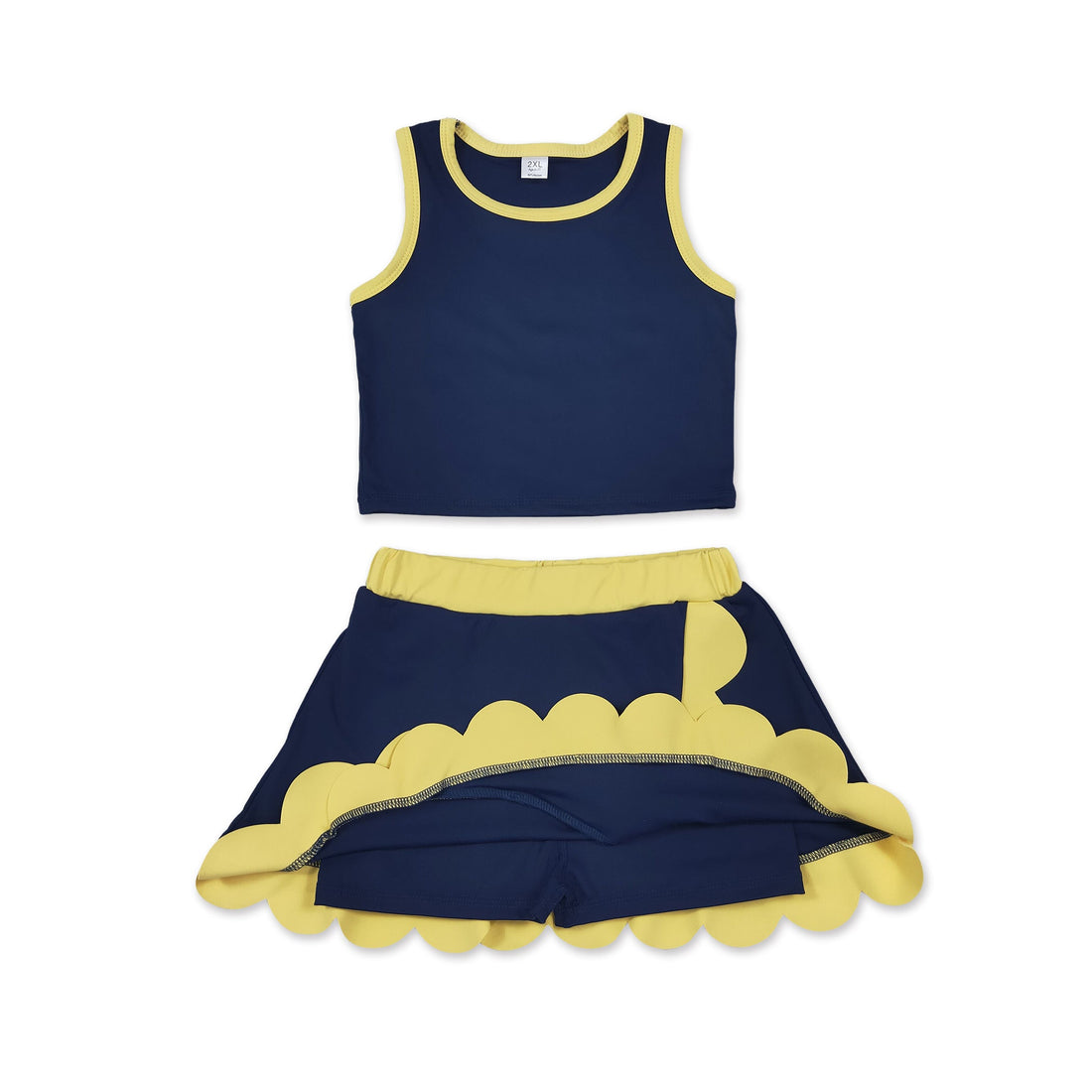 Navy scallop girl’s sleeveless summer activewear set with short sleeve top and skirt by Mini Rodeo, perfect for warm weather.