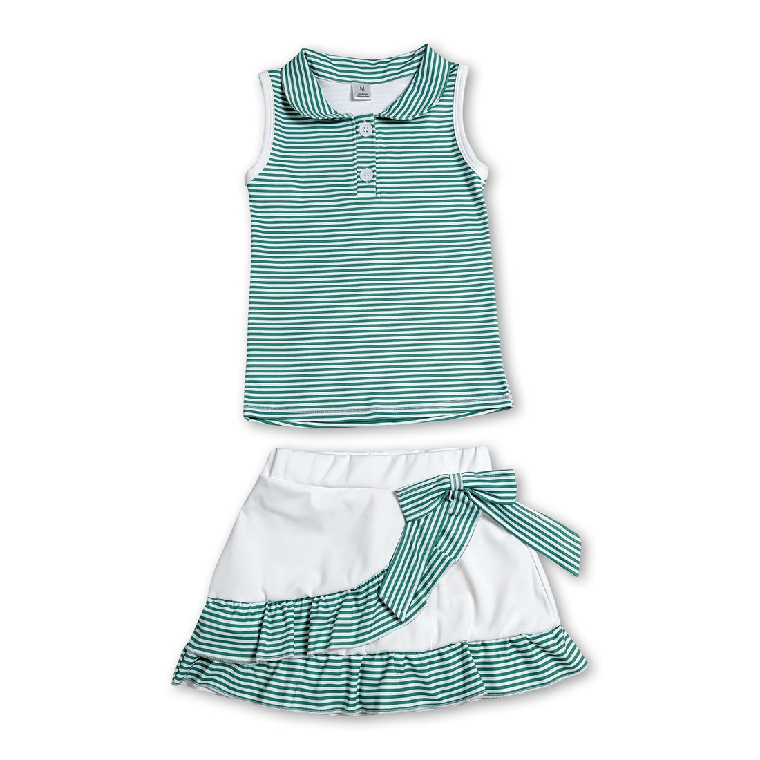 Mini Rodeo girls sleeveless green stripe polo shirt and skirt set, short sleeves, casual team outfit for girls.