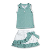 Mini Rodeo girls sleeveless green stripe polo shirt and skirt set, short sleeves, casual team outfit for girls.