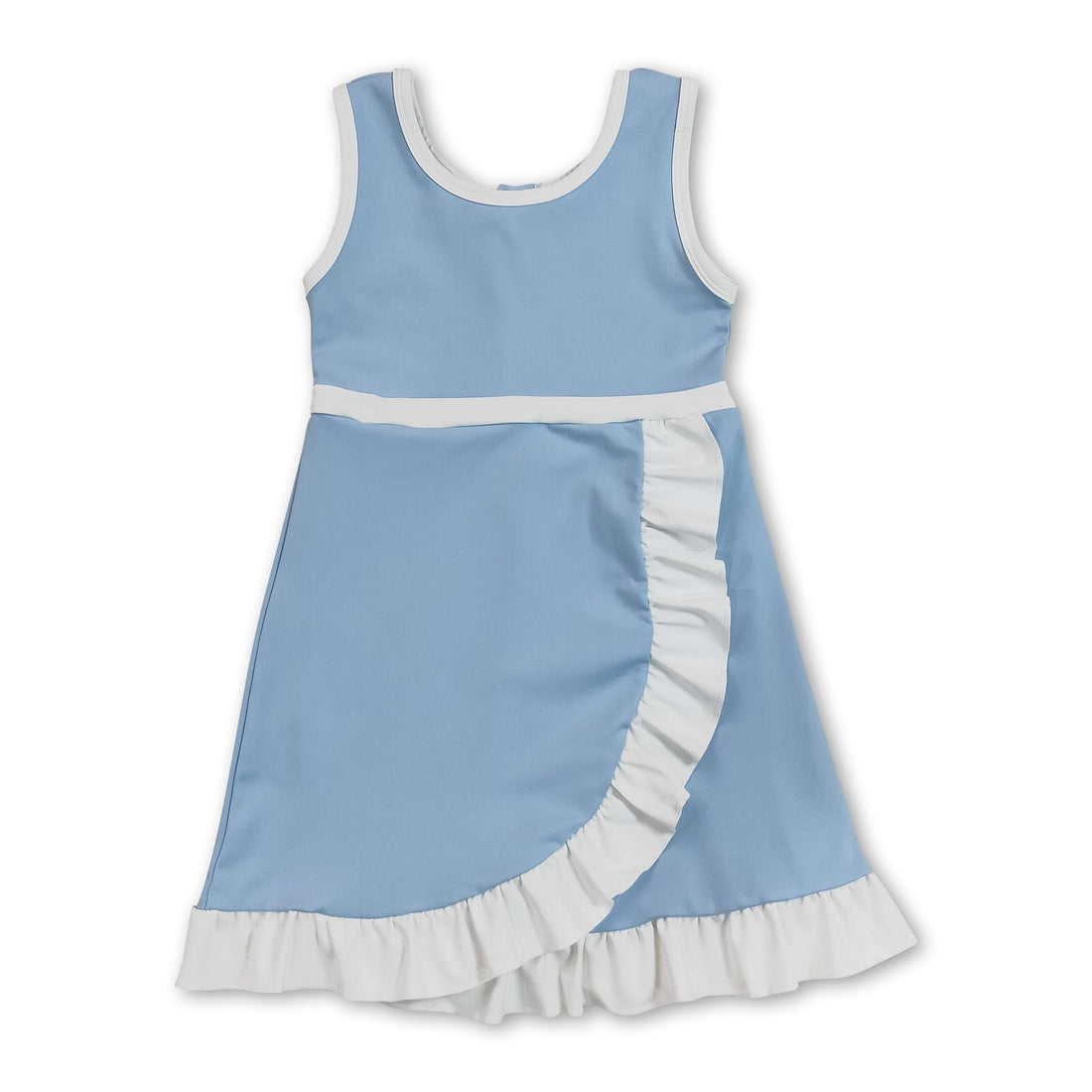 Light blue sleeveless princess dress for girls with ruffles by Mini Rodeo, featuring a short sleeve athletic style perfect for kids.