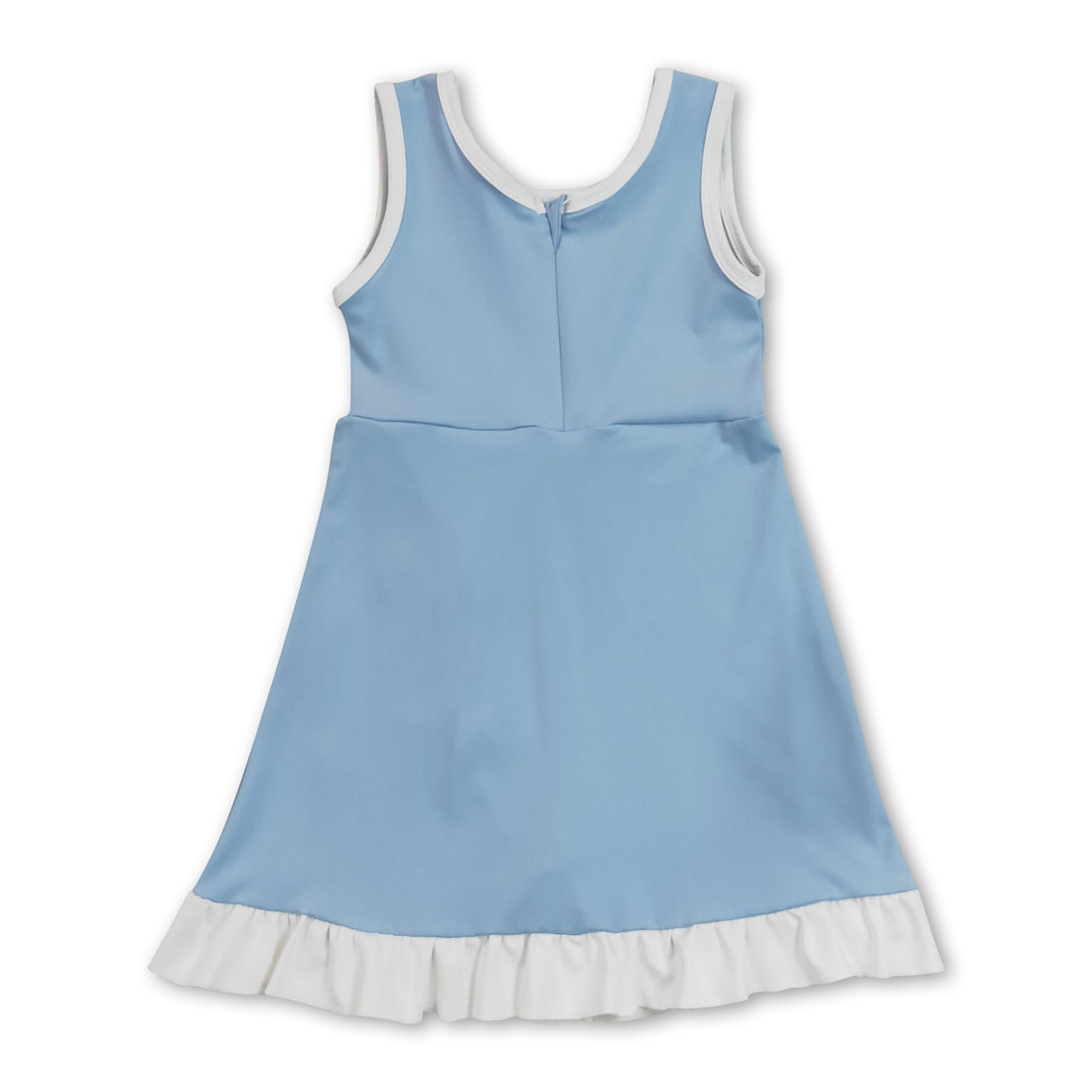 Light blue sleeveless ruffle princess dress for girls by Mini Rodeo, featuring a short sleeve design and playful athletic style.