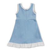Light blue sleeveless ruffle princess dress for girls by Mini Rodeo, featuring a short sleeve design and playful athletic style.