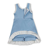 Light blue sleeveless princess dress for girls by Mini Rodeo, featuring ruffle details and a short sleeve design.