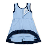 Blue sleeveless dog scallop kids girls athletic dress by Mini Rodeo, featuring a short sleeve design with scalloped details.