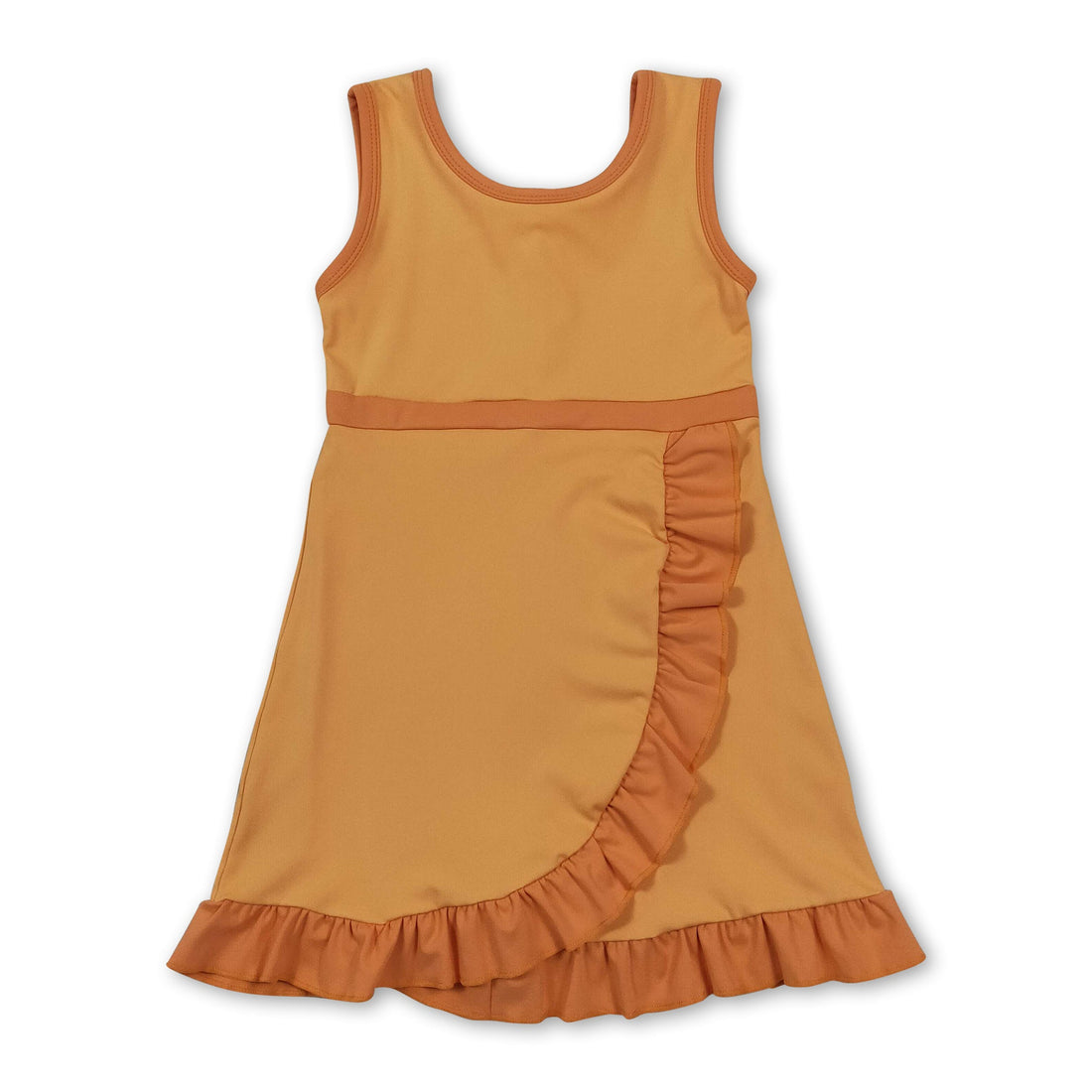 Yellow sleeveless scallop dog print kids girls athletic dress by Mini Rodeo, featuring a short sleeve design and playful pattern.