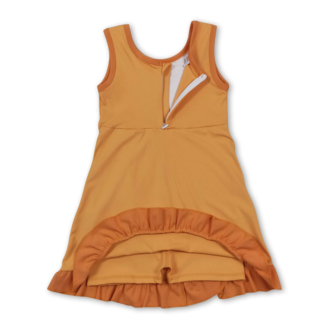 Yellow sleeveless scallop dress for girls by Mini Rodeo, featuring athletic style and short sleeves, perfect for kids&