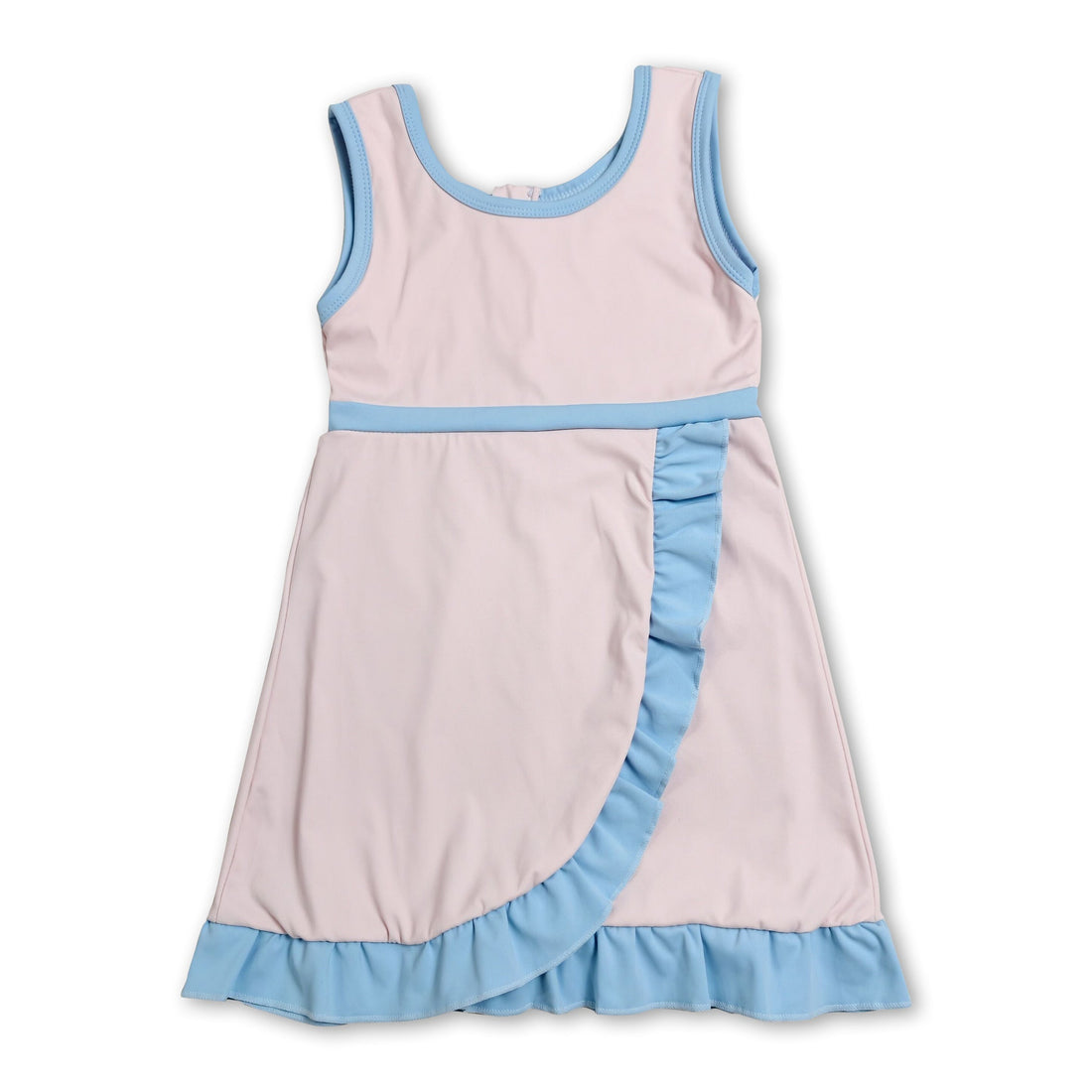 Light pink sleeveless scallop detail kids girls athletic dress by Mini Rodeo, short sleeve design with a playful, comfortable fit.