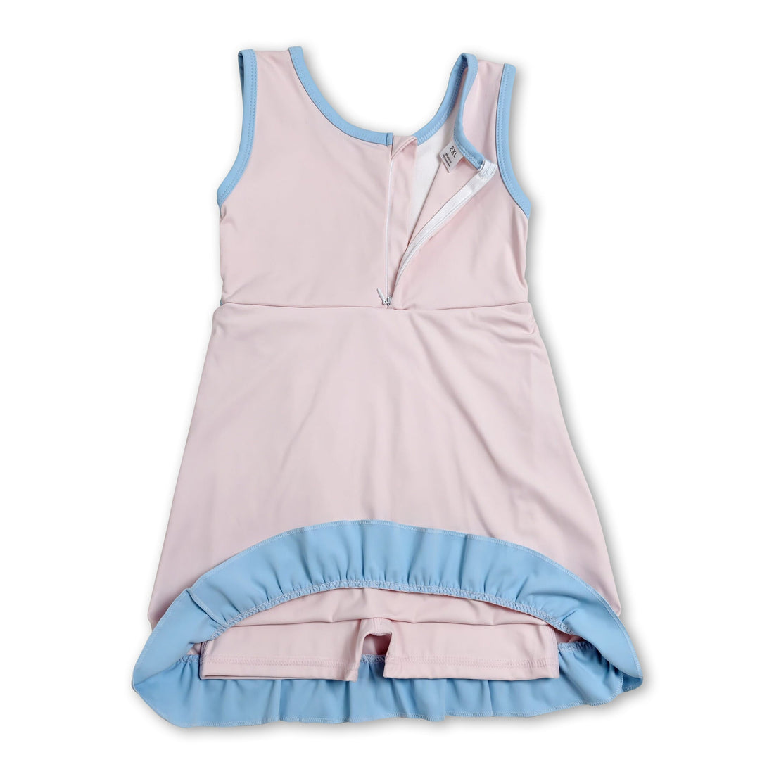 Light pink sleeveless scallop athletic dress for girls by Mini Rodeo, featuring a short sleeve design and playful scallop details.