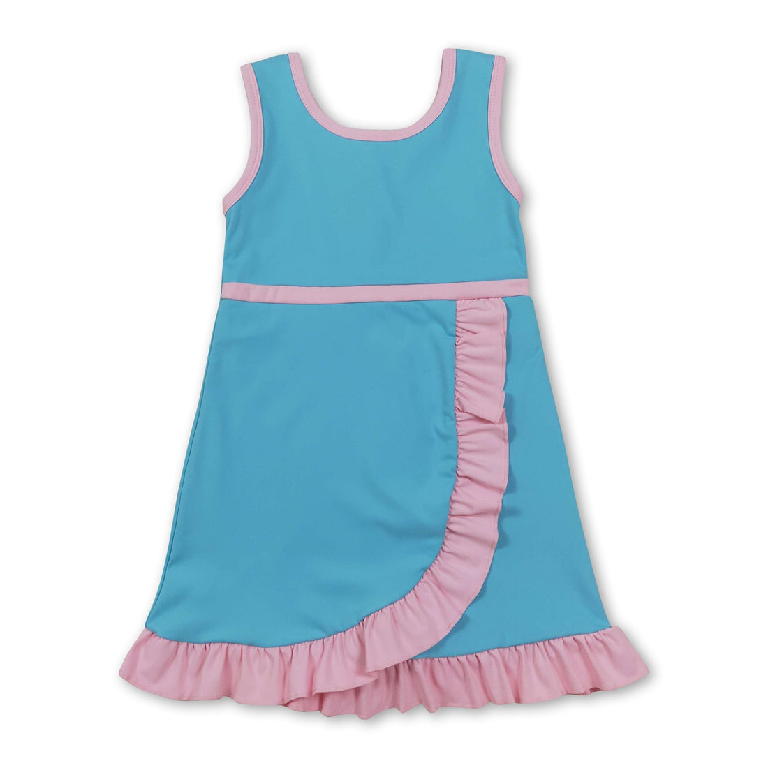 Kids girls sleeveless aqua pink scallop athletic dress by Mini Rodeo, featuring a short sleeve design with scallop details.