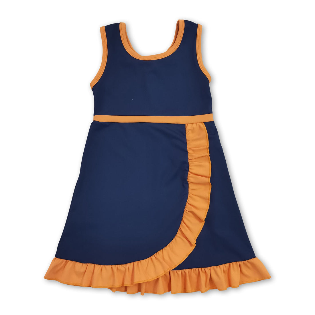 Sleeveless navy ruffle athletic dress for girls by Mini Rodeo, featuring a short sleeve design and playful ruffle details.