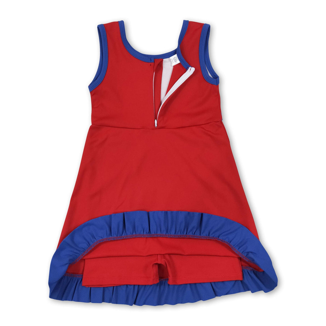 Sleeveless red and blue ruffle athletic dress for girls by Mini Rodeo, featuring short sleeves and playful design.