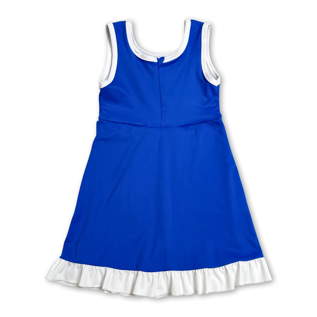 Sleeveless blue and white scallop kids girls’ athletic dress by Mini Rodeo, featuring a short sleeve design and sporty style.