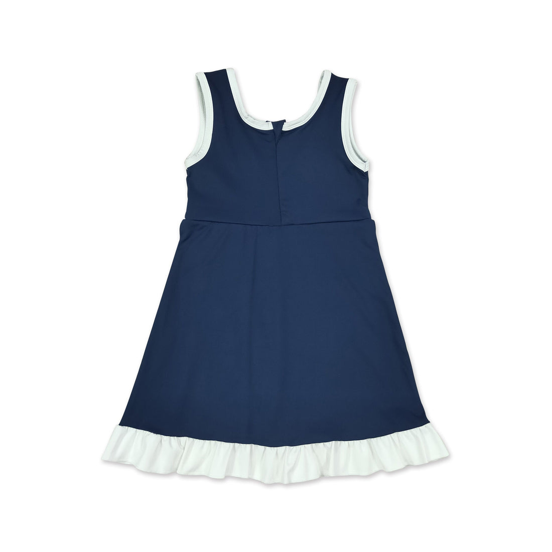 Kids girls sleeveless navy and white scallop athletic dress by Mini Rodeo, short sleeve team dress with scalloped hem.