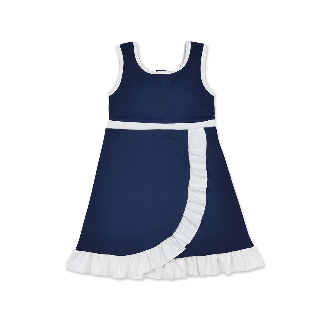 Sleeveless navy and white scallop kids girls team athletic dress by Mini Rodeo, short sleeve design, suitable for active wear.