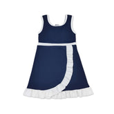 Sleeveless navy and white scallop kids girls team athletic dress by Mini Rodeo, short sleeve design, suitable for active wear.