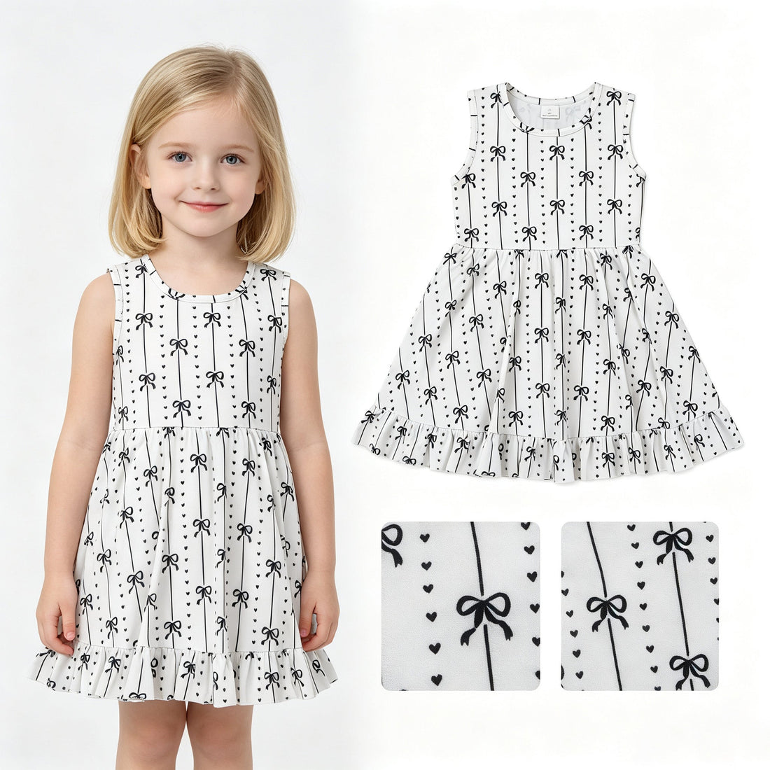 Mini Rodeo sleeveless black bow heart ruffle dress for girls, featuring short sleeves and adorable ruffle details.