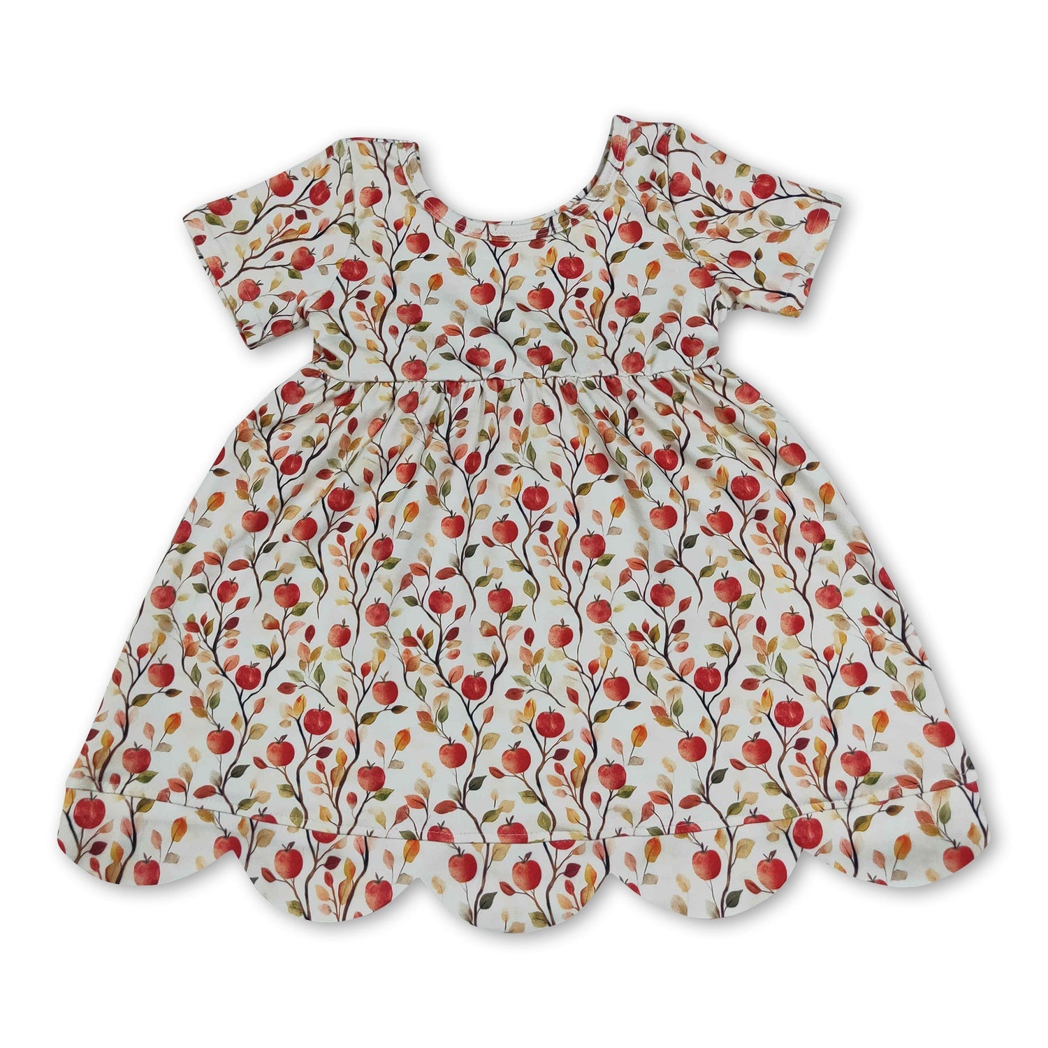 Short sleeves apple scallop kids girls back to school dress