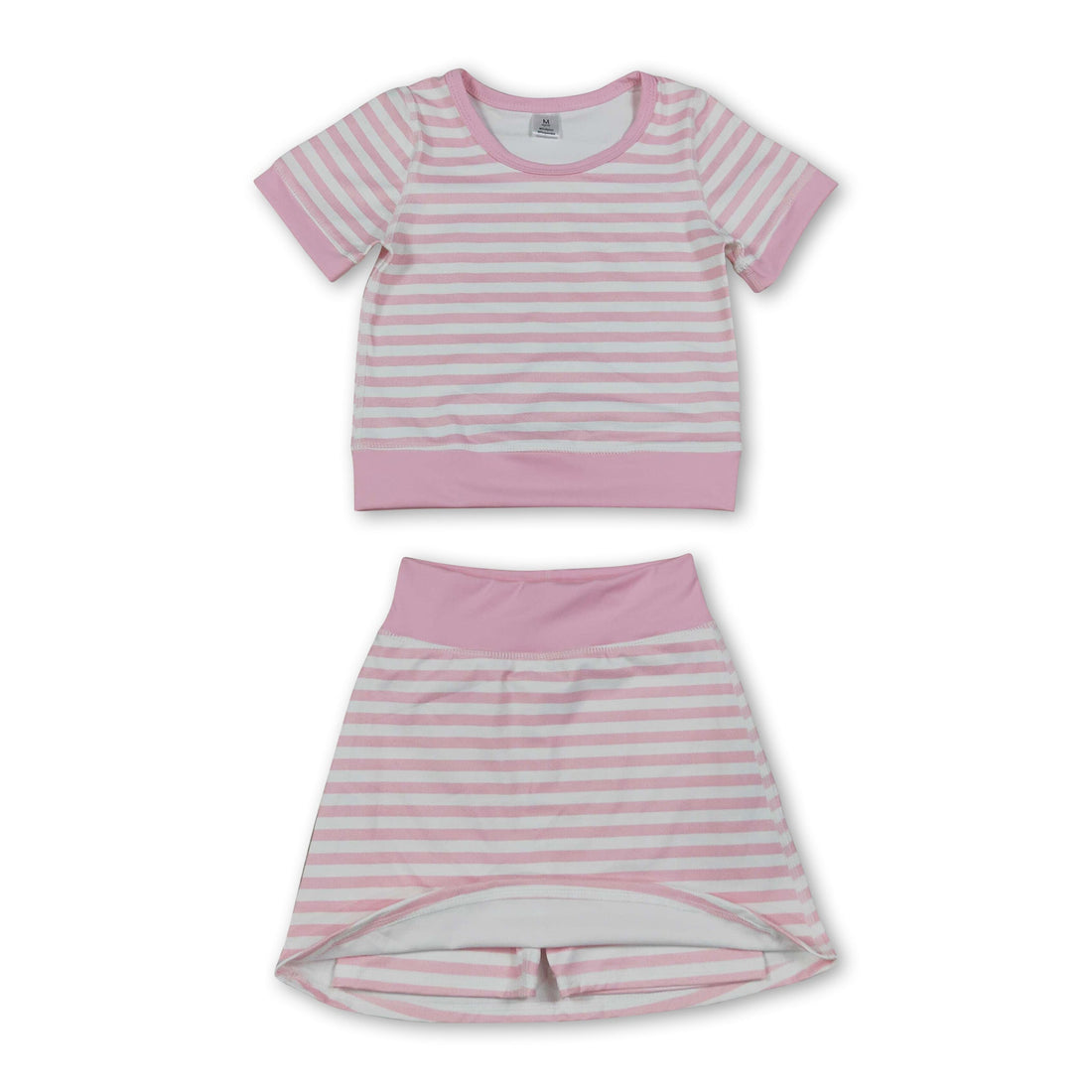 Short sleeves pink stripe top skirt girls active wear outfits