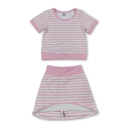 Short sleeves pink stripe top skirt girls active wear outfits