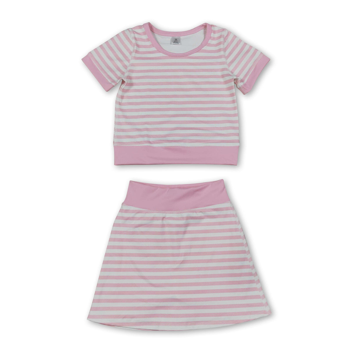 Short sleeves pink stripe top skirt girls active wear outfits