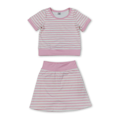 Short sleeves pink stripe top skirt girls active wear outfits