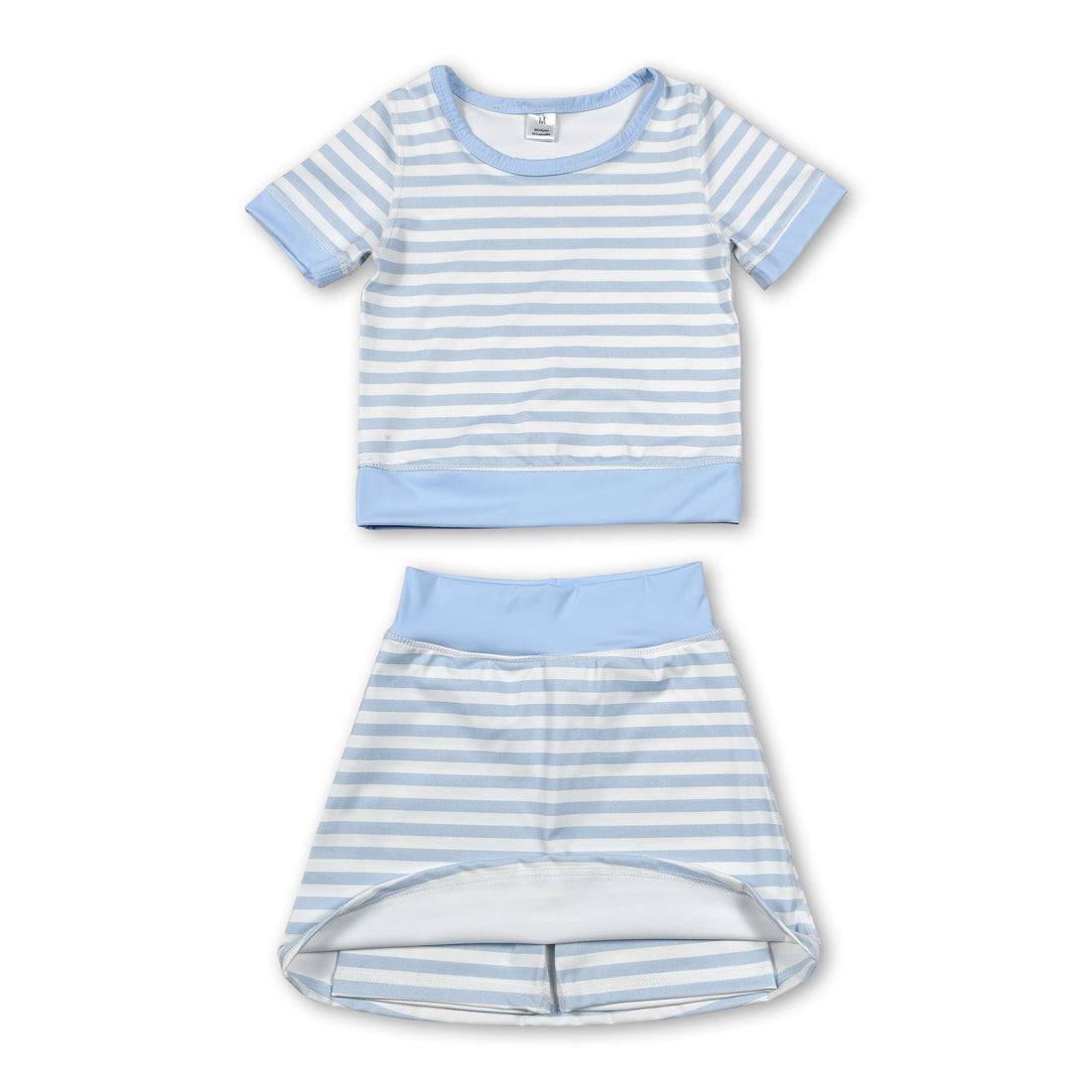 Light blue striped girl short sleeves top and skirt active wear set by Mini Rodeo, casual and comfortable for kids.