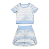 Light blue striped girl short sleeves top and skirt active wear set by Mini Rodeo, casual and comfortable for kids.