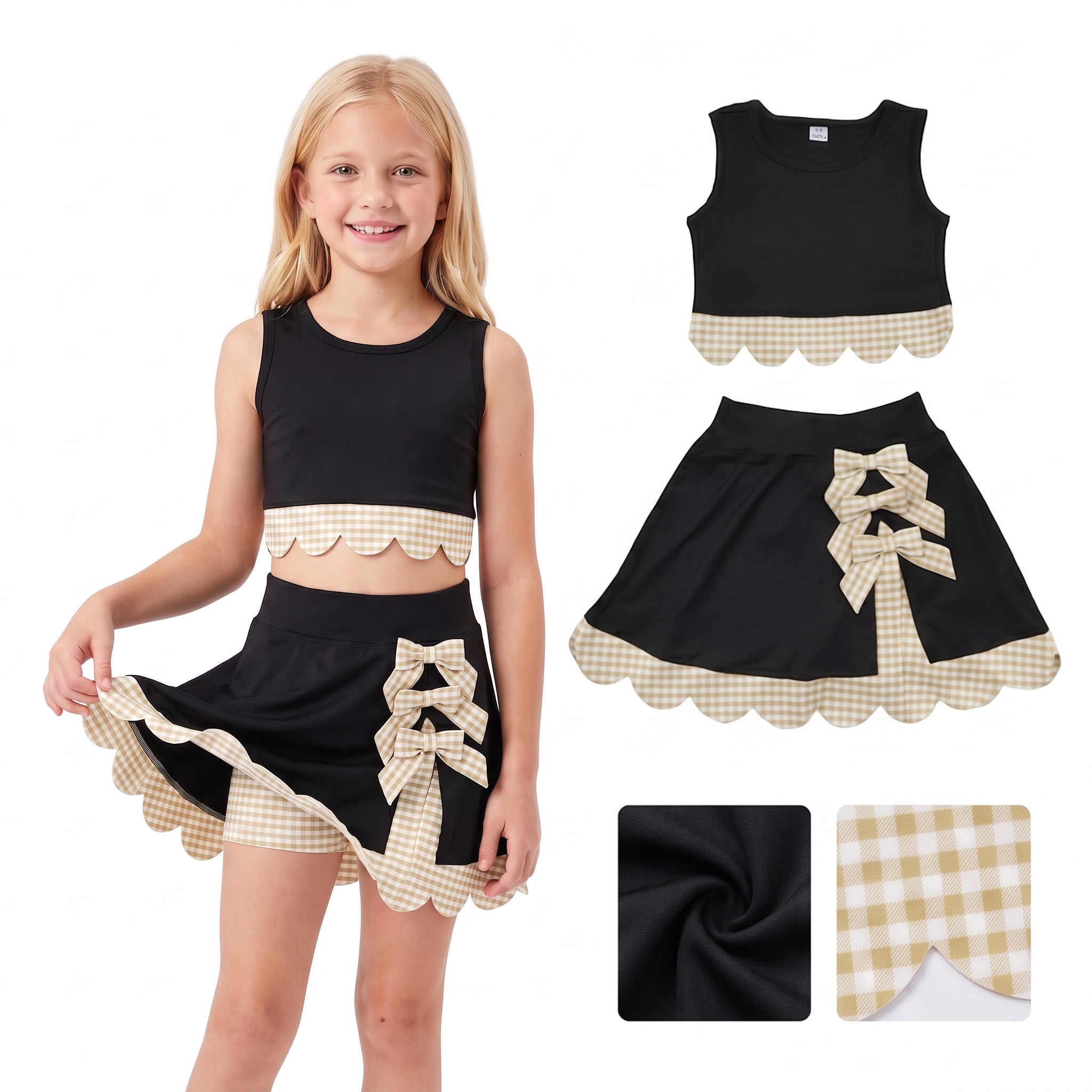 Sleeveless plaid scallop black girls summer active wear set