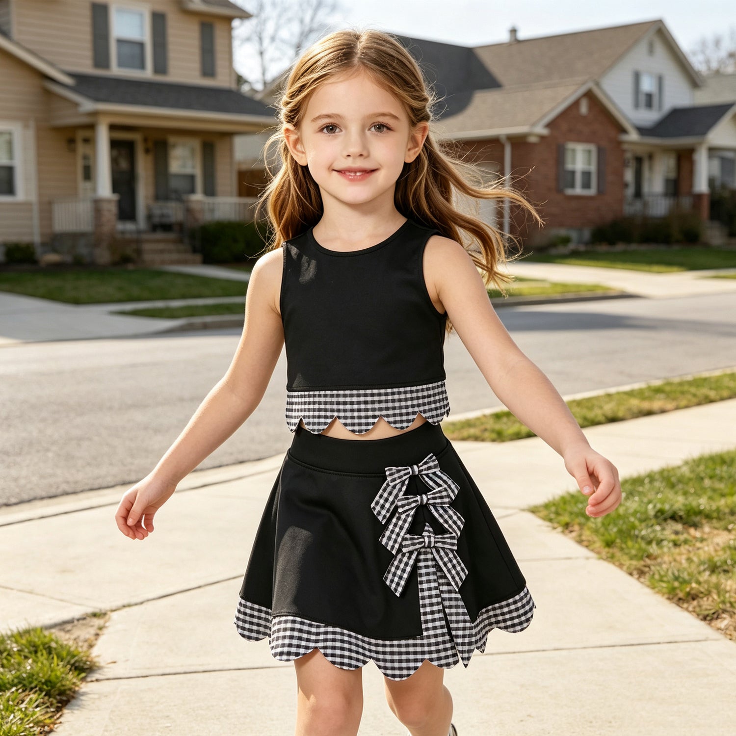 Sleeveless black plaid scallop girls summer active wear set