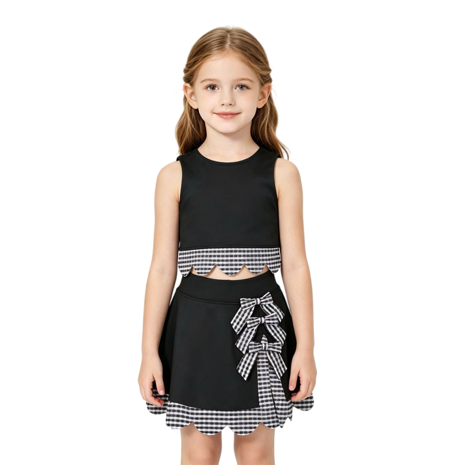 Sleeveless black plaid scallop girls summer active wear set