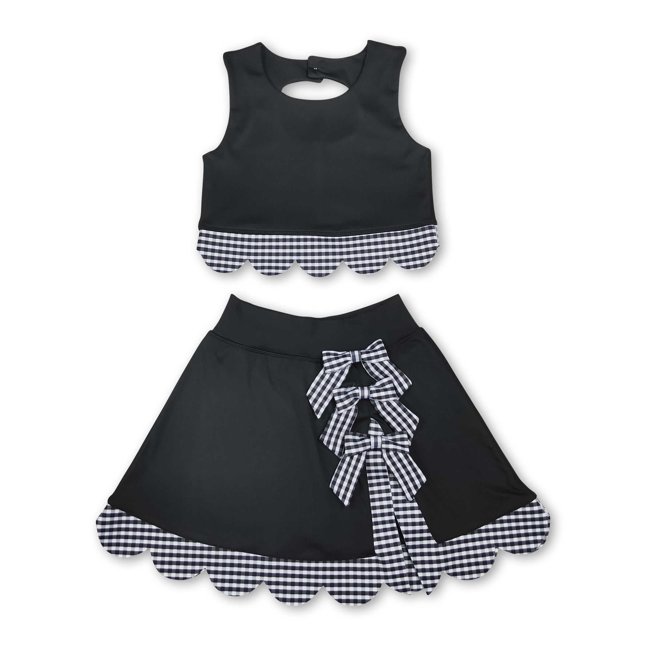 Sleeveless black plaid scallop girls summer active wear set
