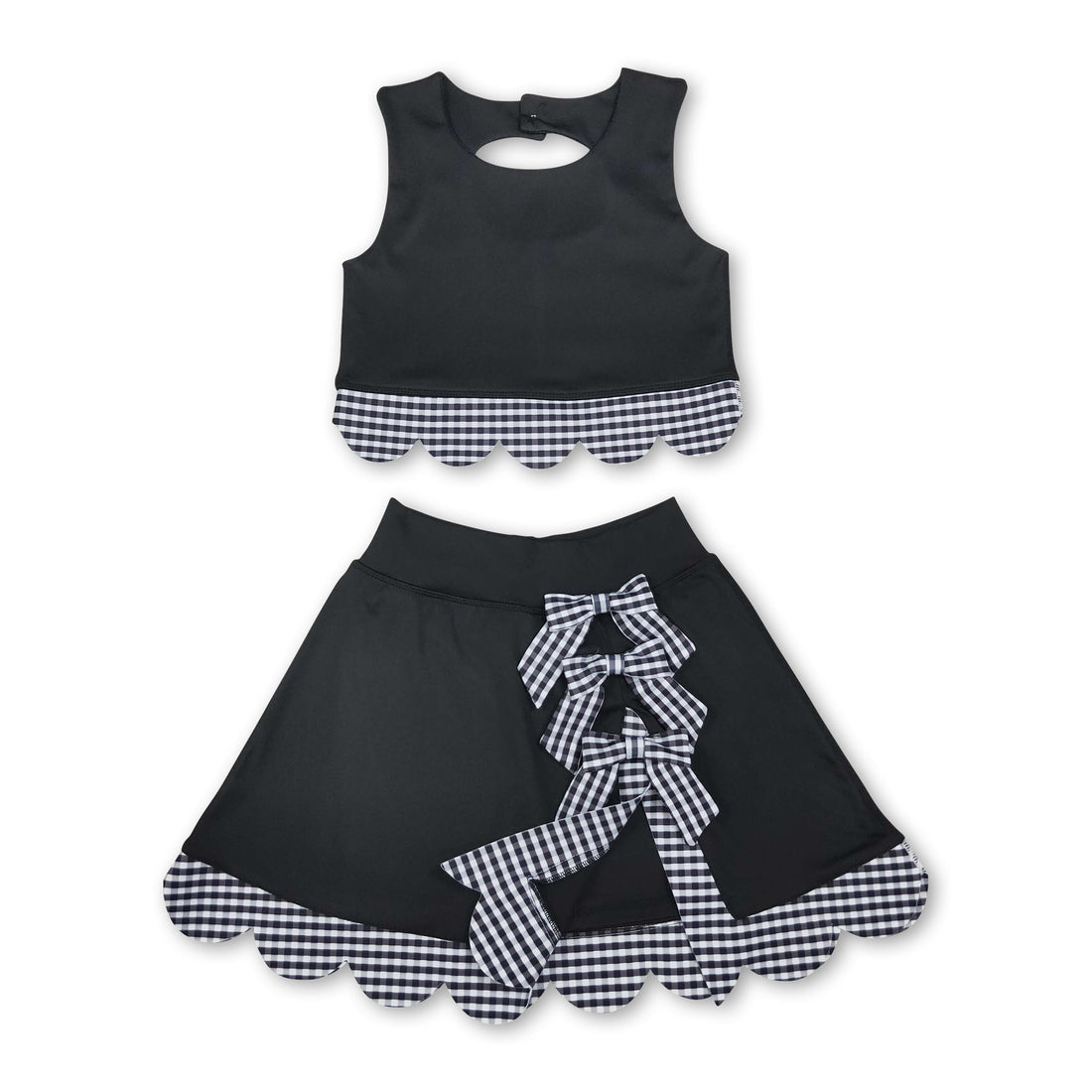 Sleeveless black plaid scallop girls summer active wear set