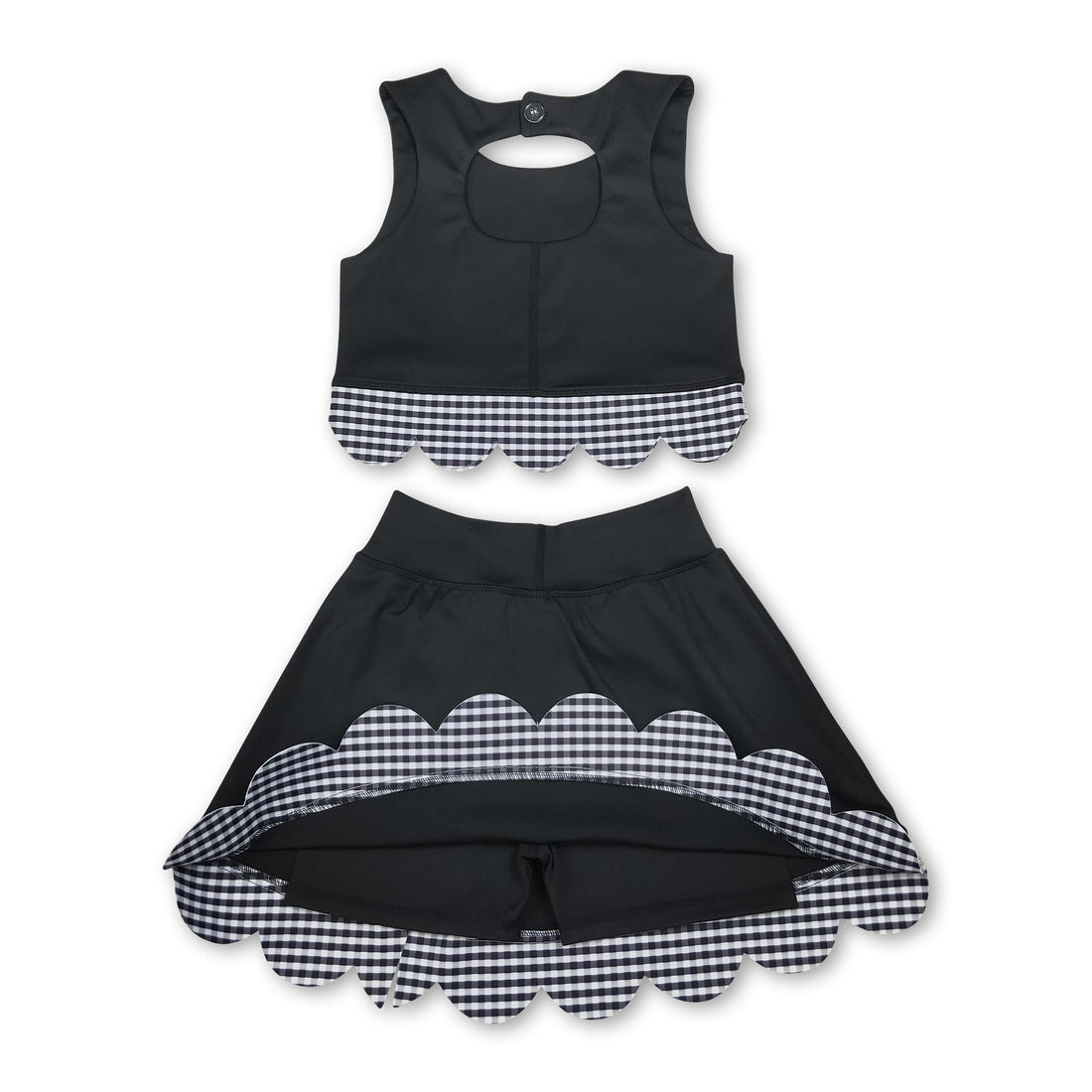 Sleeveless black plaid scallop girls summer active wear set