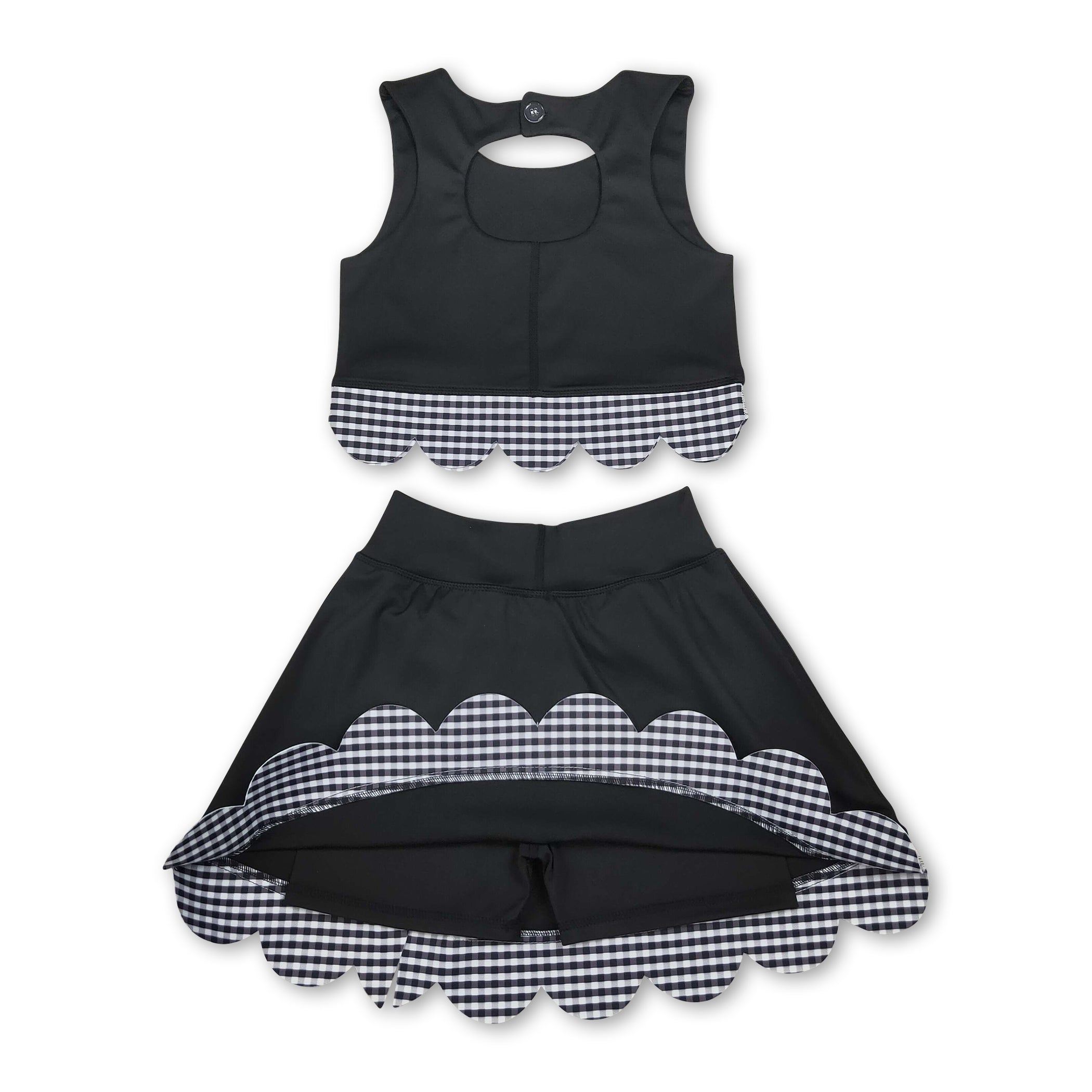 Sleeveless black plaid scallop girls summer active wear set