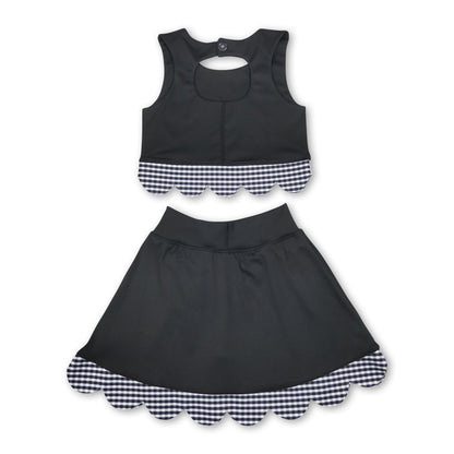 Sleeveless black plaid scallop girls summer active wear set
