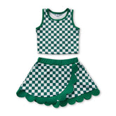 Girls sleeveless green plaid top and scallop skirt active wear set by Mini Rodeo, featuring short sleeves and vibrant plaid pattern.