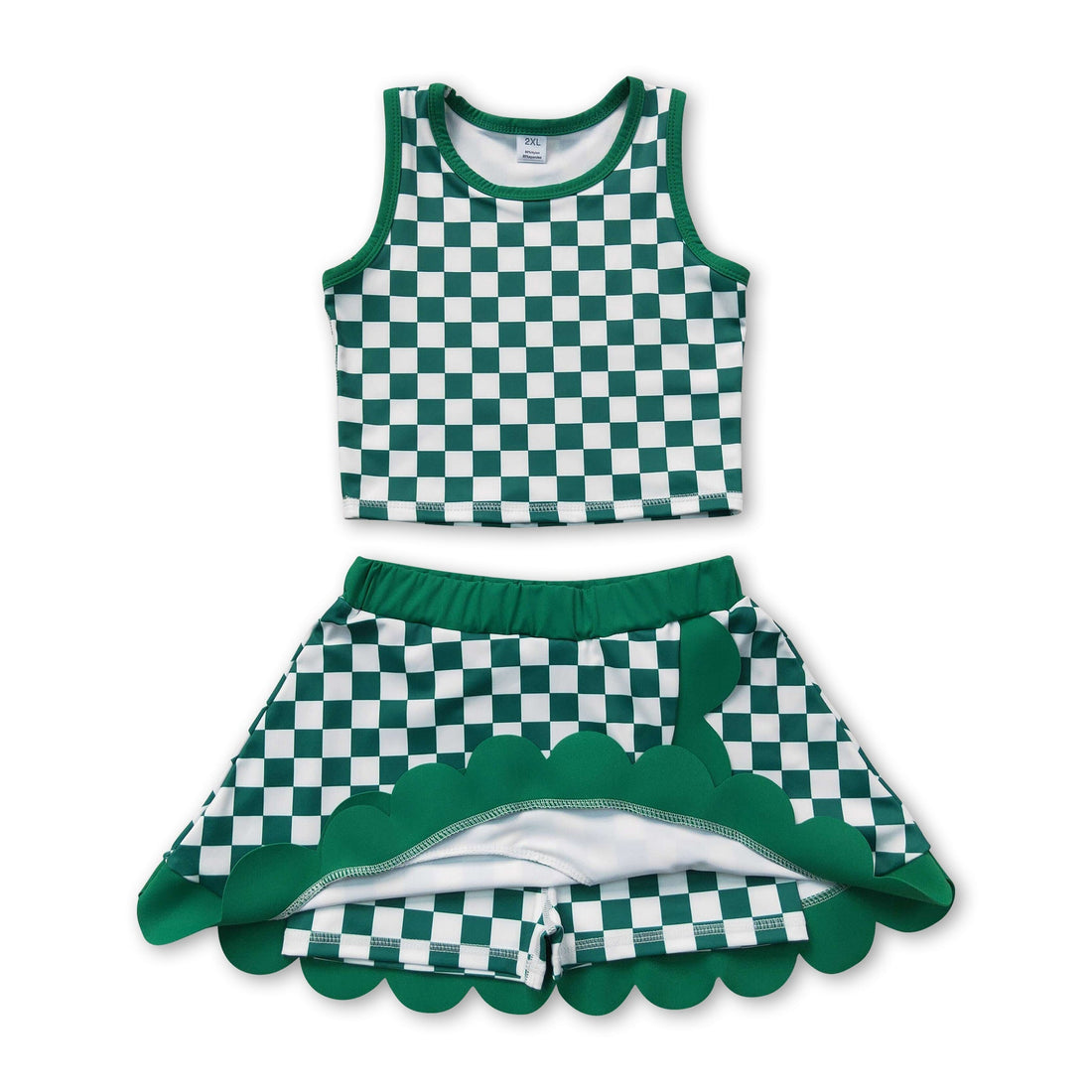 Girls sleeveless green plaid top and scallop skirt active wear set by Mini Rodeo, perfect for casual and playful outfits.