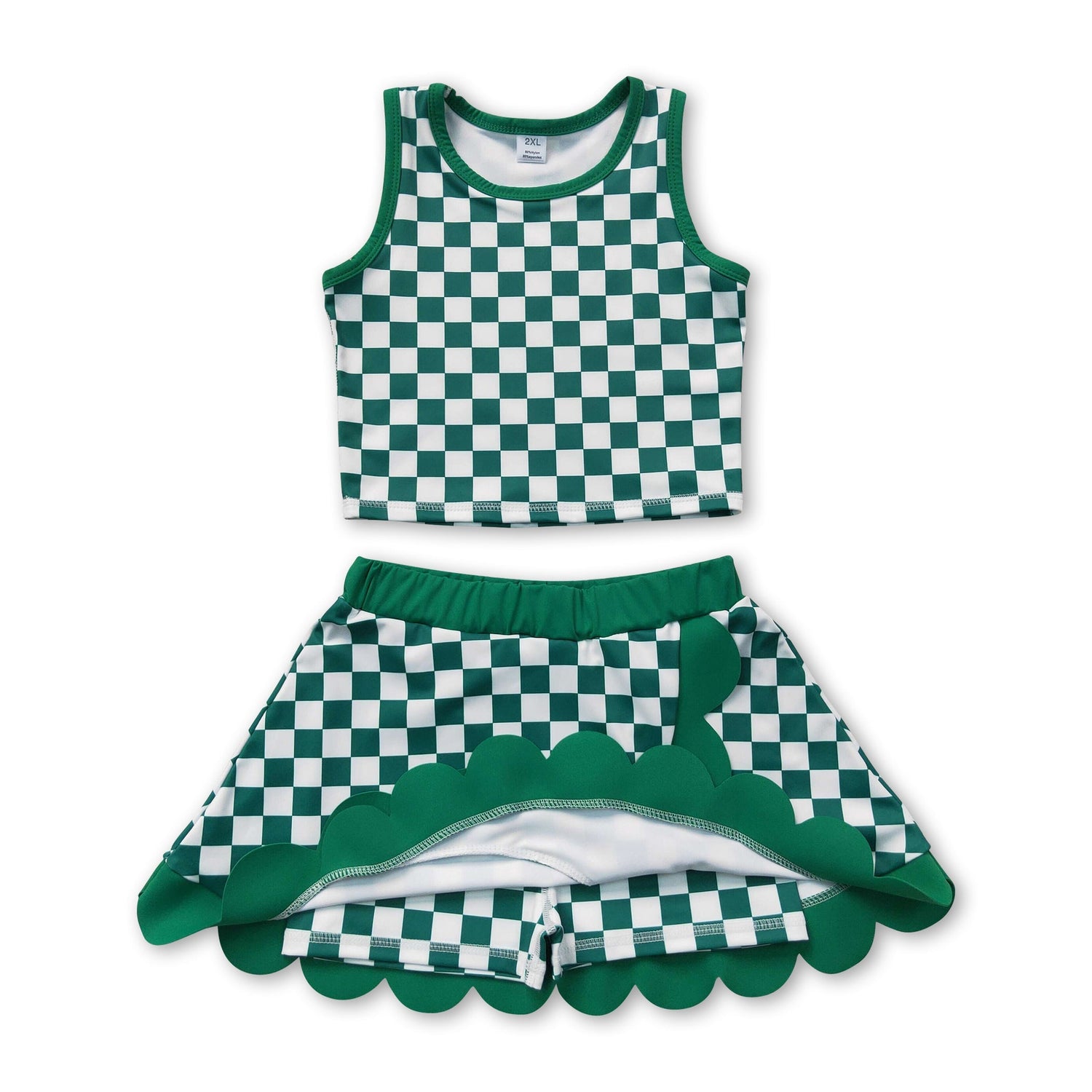 Sleeveless green plaid top scallop skirt girls active wear set